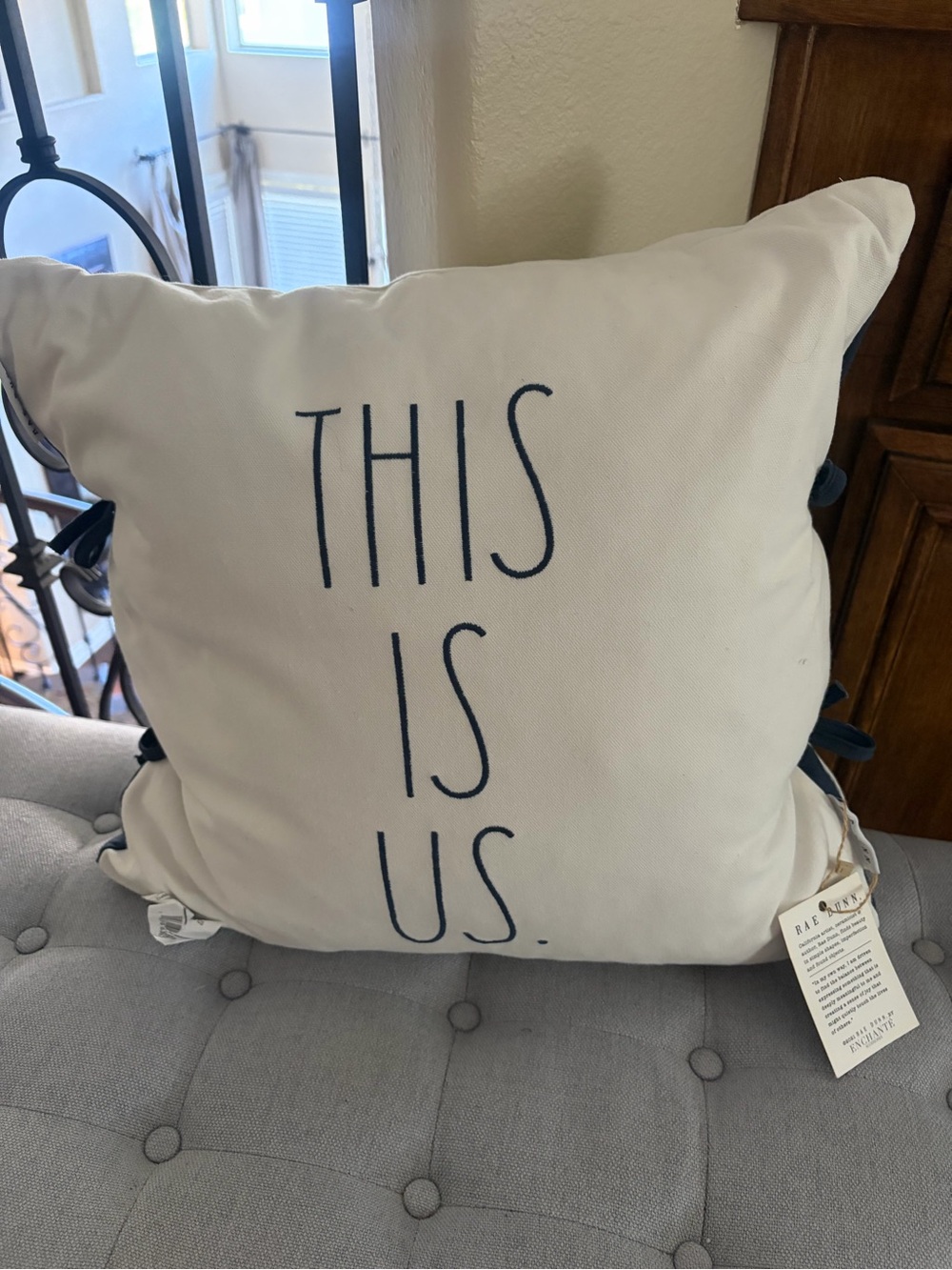Rae Dunn “This is Us”accent pillow NWT navy and white. Approx. 19 x 19”